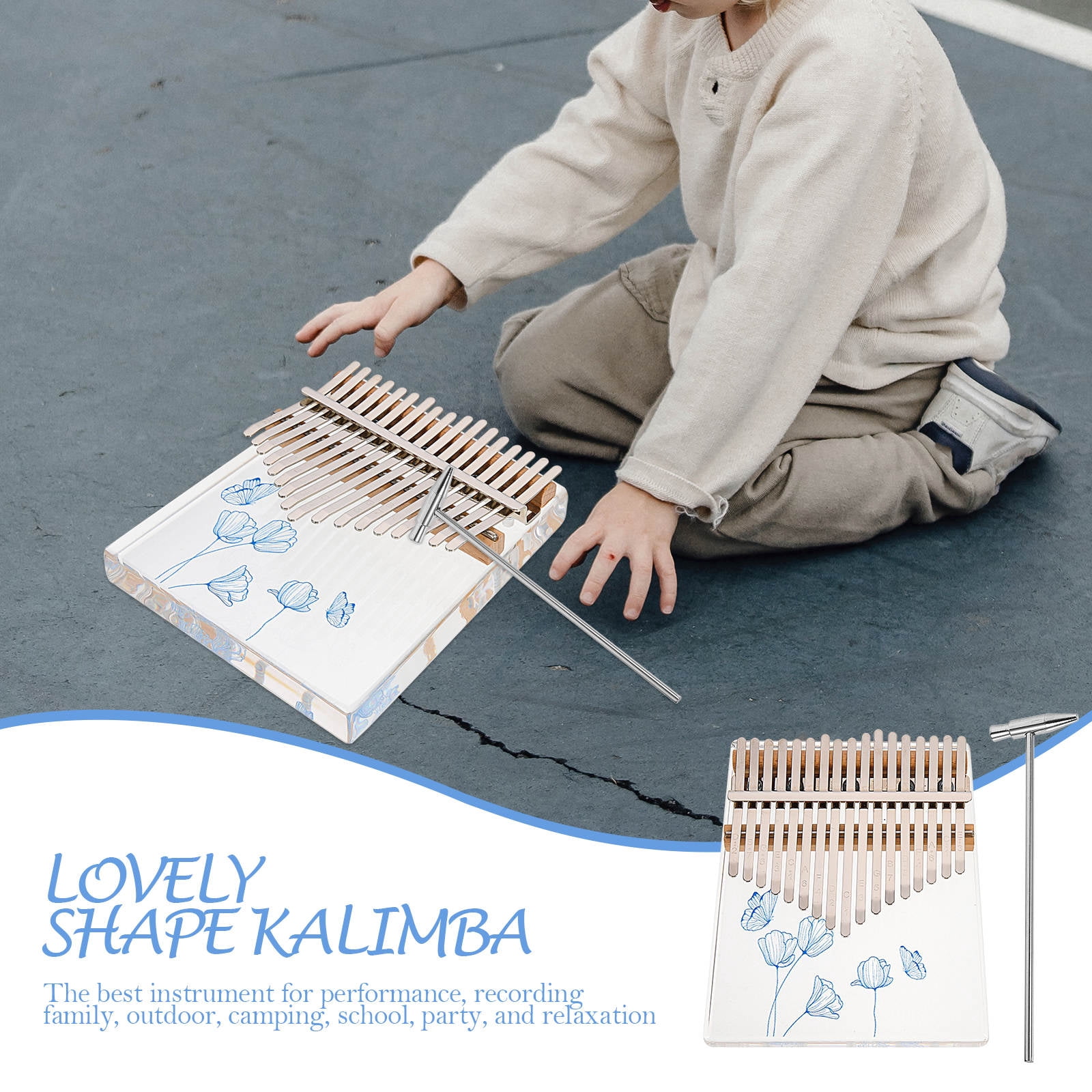 LULULION Portable Kalimba Musical Instrument 1 Set Blue Acrylic Metal Thumb Piano Design for Adults and Children