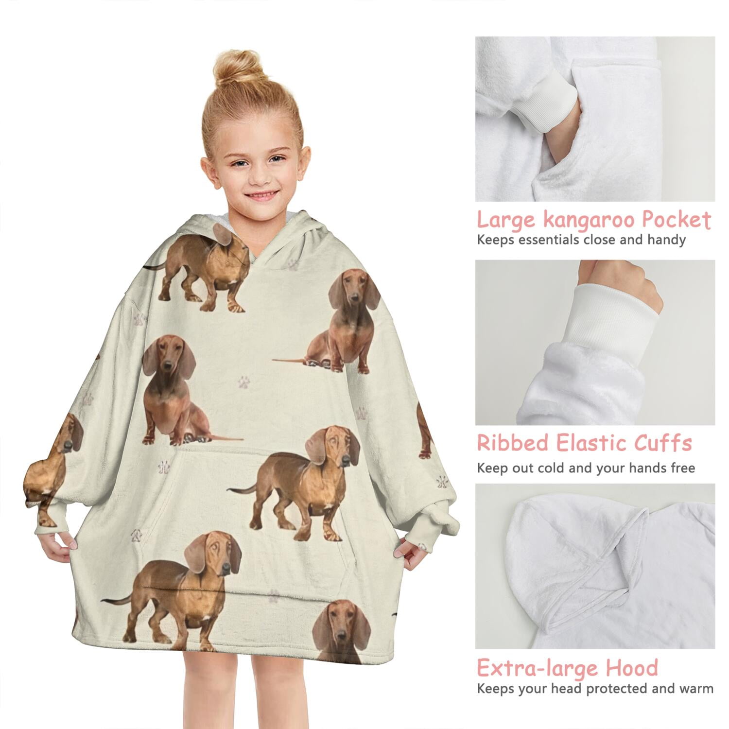 Dachshund Footprint Blanket Hoodies for Kids 6-13YR Oversize Wearable Blanket Hoodies for Boys Girls Teens