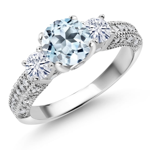 Gem Stone King 925 Sterling Silver Sky Blue Topaz and White Moissanite Engagement Ring for Women (2.24 Cttw, Gemstone November Birthstone, Round 7MM and 4MM, Size 9)
