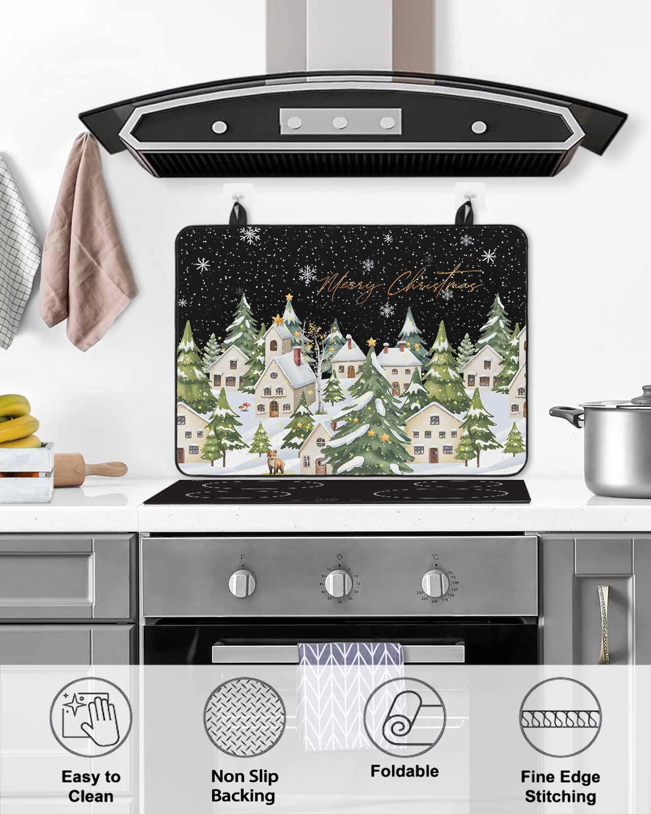 Large Induction Cooktop Protector Mat Christmas Stove Top Covers for Electric Stove, Winter Xmas Trees Snowflakes Country Cabin Black Decorative Stove Burner Cover Mats, Glass Top Stove Cover