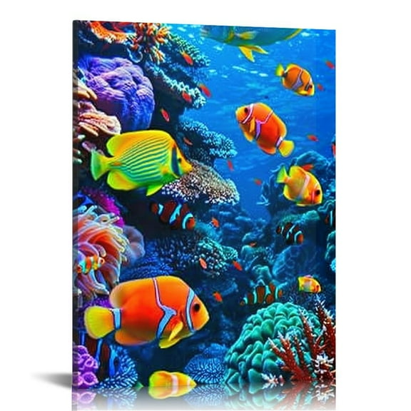 ONETECH Ocean Sea Life Large Wall Art Living Room Coral Fish Pictures Wall Decor Canvas Print Nautical Underwater Painting Modern Home Artwork Decoration for Bedroom Office Framed 16x20in
