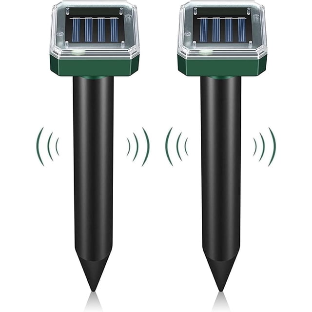 (Paquete de 2) Repelente ultrasónico con energía solar - Repelente de topos solar ultrasónico fácil de usar con una broca de barrena - Repelente sónico impermeable IP65