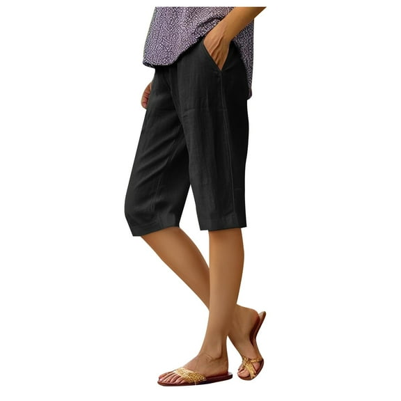 Lixiuxyad Linen Capri Pants Women,Casual Lightweight Summer Cropped Pants Beach Pants Black