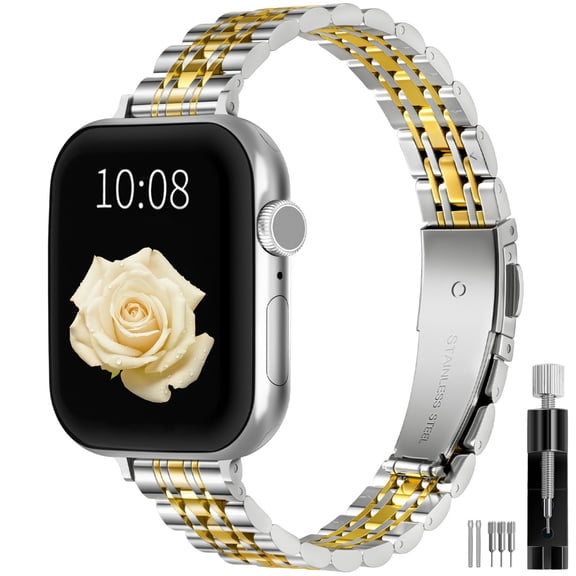 SEURE Slim Stainless Steel Band for Apple Watch Band 38/40/41/42mm,Women Luxury Metal Replacement Strap for iWatch Series 11 10 9 8 7 6 5 4 3 2 1 SE Silver/Gold