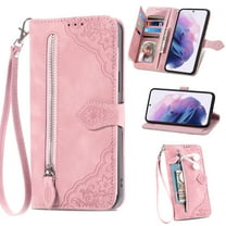 TECH CIRCLE Samsung Galaxy S23 Plus Wallet Case,Embossed Flower PU Leather Folio Flip Protective Zipper Cover with Wrist Strap RFID Blocking Card Holder Kickstand Case for Galaxy S23 Plus 2023,Pink