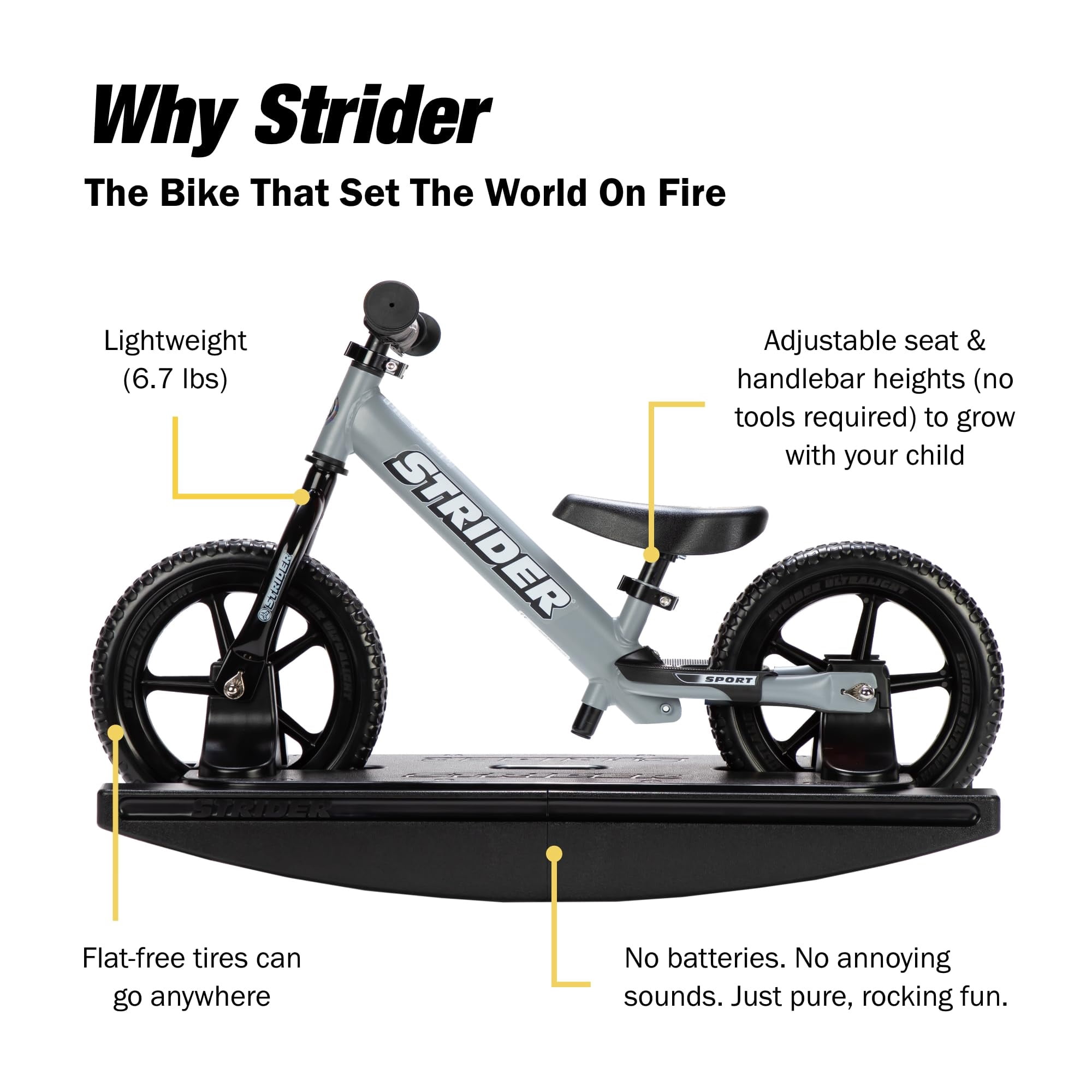 Strider 12” Sport Bike (Yellow) + Rocking Base - Helps Teach Baby