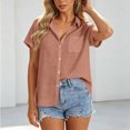 thumbnail image 6 of MORESEC Women Cotton Linen Short Sleeve Button Down Blouses Solid Casual Loose Tops Summer Collared Shirt Party Fits For Vacation, Pink L, 6 of 9