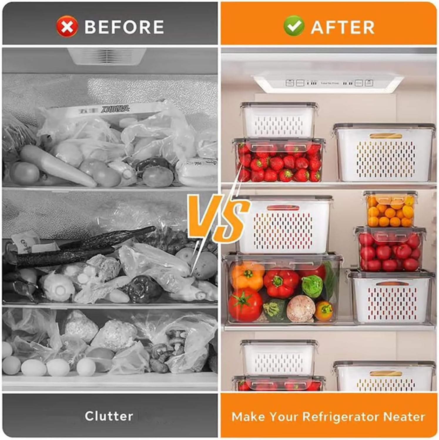 4-in-1 Food Storage Container, Multifunctional Plastic Produce Saver Bins with Removable Colander Vegetable Containers for Fridge