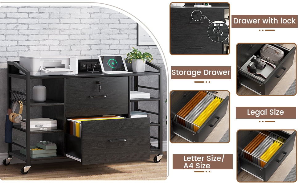 44" File Cabinet, Filing Cabinets fits Legal, Letter, A4 Size, 2 Drawer Office File Cabinet for Home Office with Lock, Power Strip, 6 Adjustable Shelves & 4 Hooks, Black