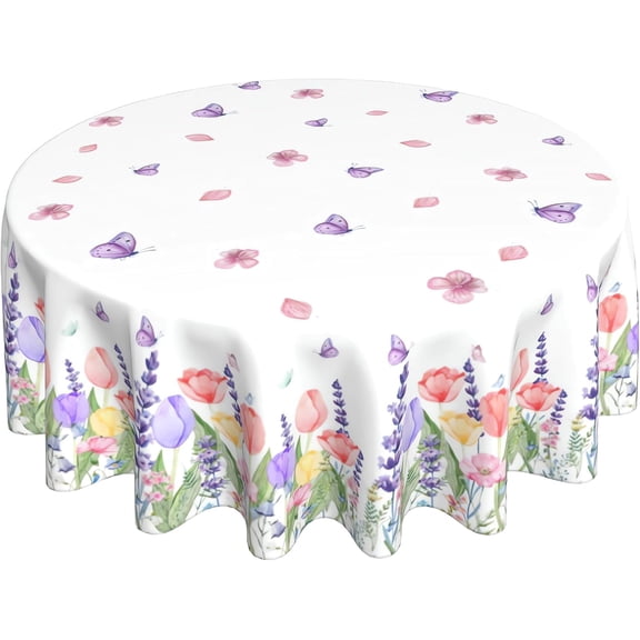 Spring Summer Floral Tablecloths 70 Inch Easter Lavender Tulip Wild Flower Decorative Round Tablecloth Polyester Washable Reusable Table Cover for Home Kitchen Dining Room Party
