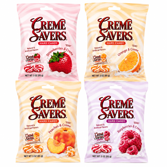 Creme Savers Hard Candy Variety Pack, 4 Pack, 3 oz Bags, Individually Wrapped, Strawberries & Creme, Peaches & Creme, Orange & Creme & Raspberries & Creme