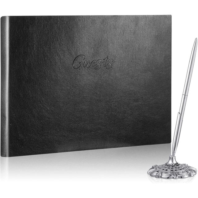 Juego de Libro de Invitados y Portalápices de Cuero, 10.5" x 8" Libro de Registro de Invitados en Relieve Libro de Registro para Funerales, Bodas, Casas de Vacaciones, 80 Hojas (Negro)