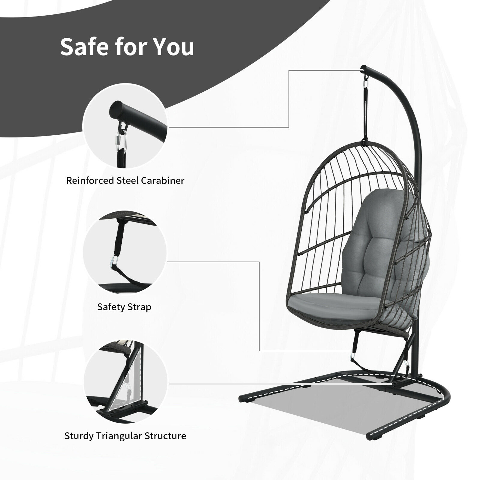 Gymax Hanging Hammock Patio Rattan Swing Egg Chair w/ Stand & Gray Cushions