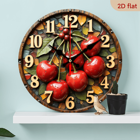 2D Flat 1pc 10Inch Vintage Cherry Wall Clock - Rustic Wood Round Clock with Red Cherries Green Leaves Design, Japanese Quartz Movement, Easy-to-Read Black Hands, Battery-Powered (AA Battery Not In