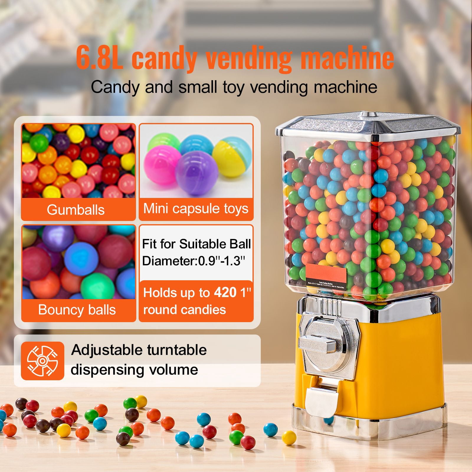 6.8L Candy Vending Machine with 25-Cent Coin Operation, Adjustable Candy Wheel, PC Jar, Metallic ABS Body for Gumballs Bouncy Balls