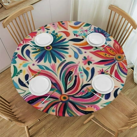 

BANET Beige Mexican Tablecloth Boho Style Ethnic Flower Bird Print Retro Colorful Mexican Table Cloth for Kitchen Party Picnic Dining Decor Round 54 -58