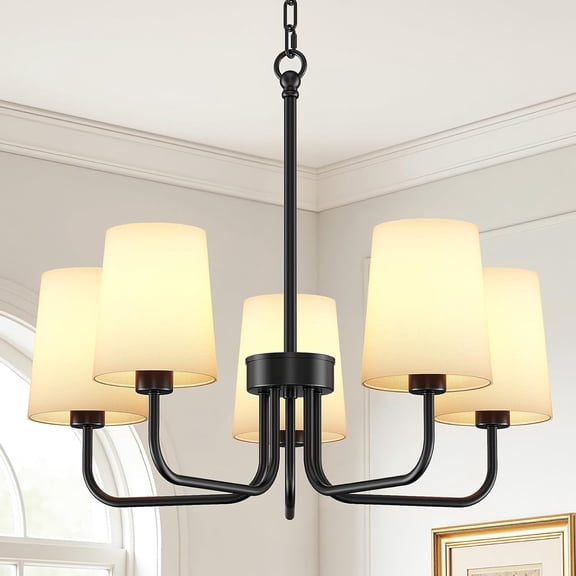 25" Farmhouse Chandelier with Fabric Shade,5-Light Chandelier Lighting Fixture for  Kitchen, Dining Room，Black