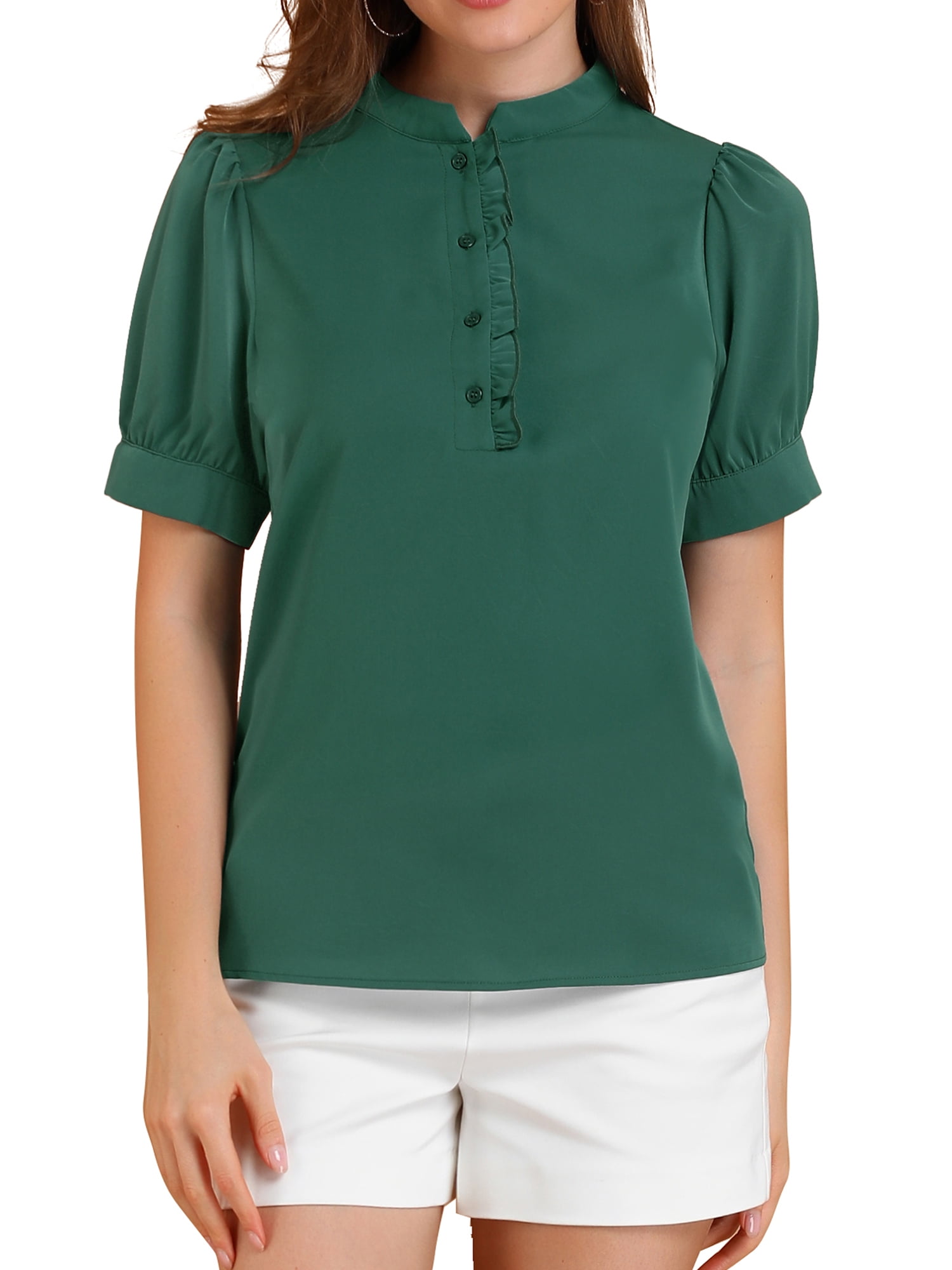 Allegra K Women's Ruffled Button Down Shirt Short Sleeves Solid Work