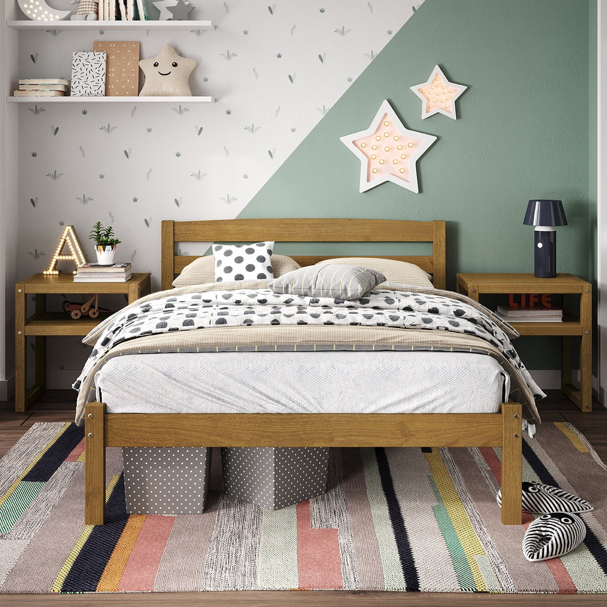 P'kolino Urban Full Bed Frame with Headboard- Solid Wood- Natural Oak, for Kids, Teens