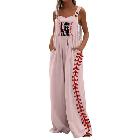 

Voncos Overalls for Women Spring Summer 2023- Solid Button Fashion Casual Wide-Leg Jumpsuits Rompers Pink 4