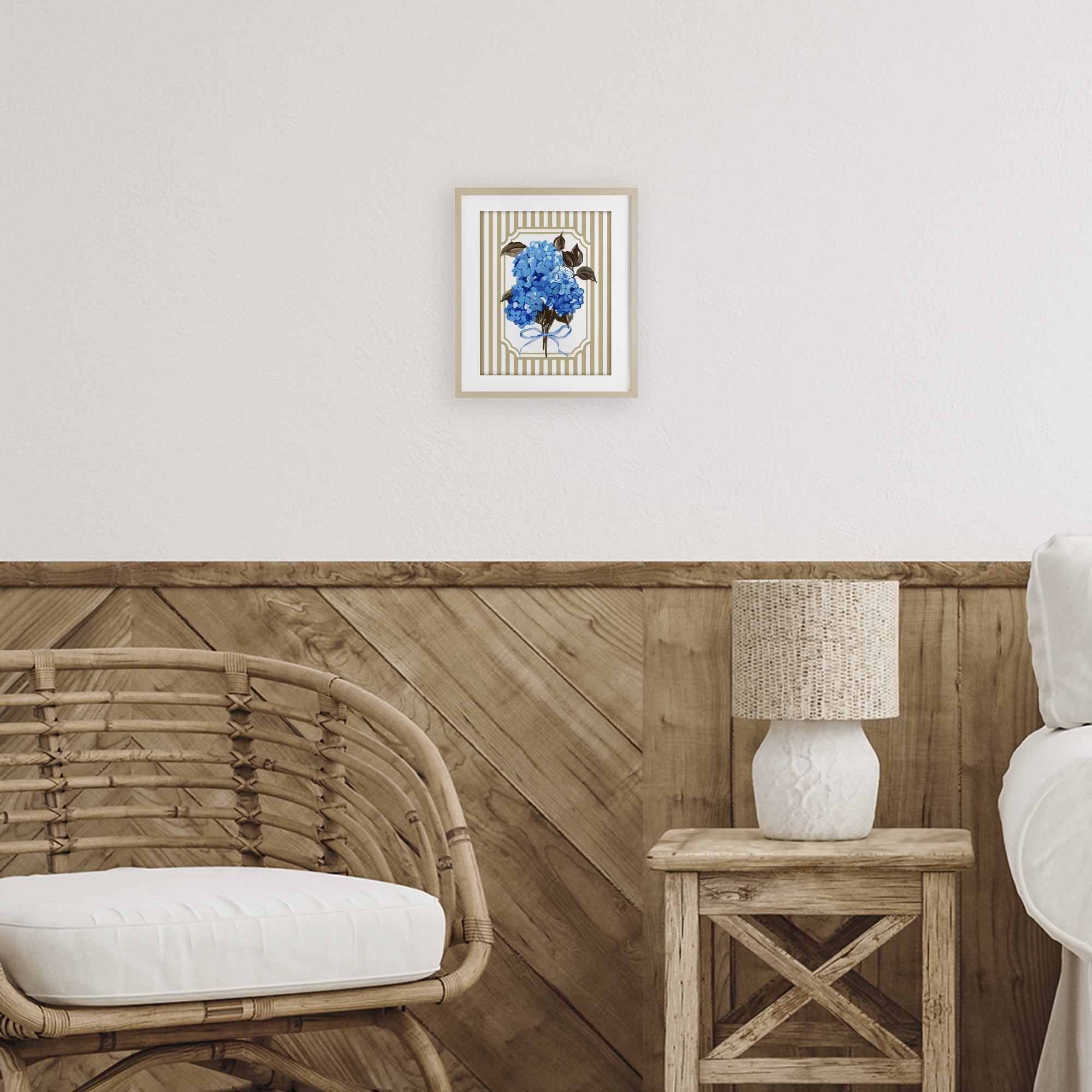 Blue Hydrangea Blossom Bow Birch Framed Print Under Glass, design by Adonna Ebrahimi
