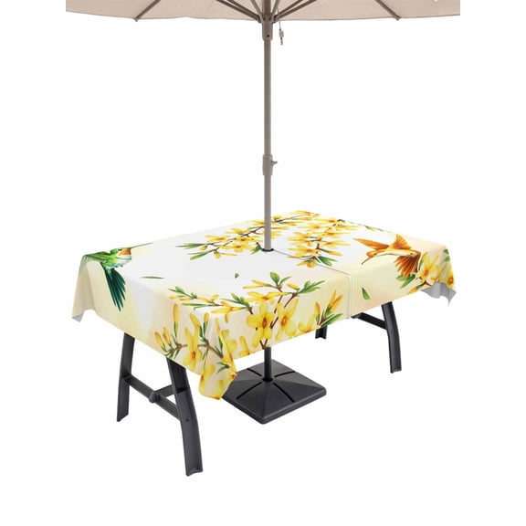 Outdoor Tablecloths with Umbrella Hole & Zipper, Watercolor Floral Rectangle Tablecloth 60x120 Inch, Yellow Flower Hummingbirds Botanical Spring Waterproof Table Cloth, Patio/Pool Table Covers