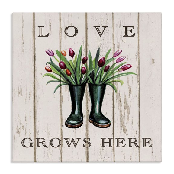 Stupell Industries Farmhouse Love Grows Here Rainboot Bouquets Canvas Art, 36 x 36, by Elizabeth Tyndall