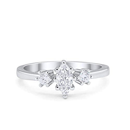 Three Stone Wedding Set Round Ring CZ Marquise 925 Sterling Silver Size 5