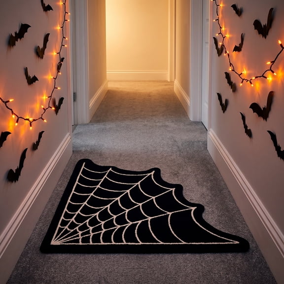 Beautynvta Irregular Spider Web Shaped Doormat, Soft Tufted Black White Web Floor Rug Non-Slip Absorbent for Entryway Porch Spooky Home Decor, 31.8 Inch