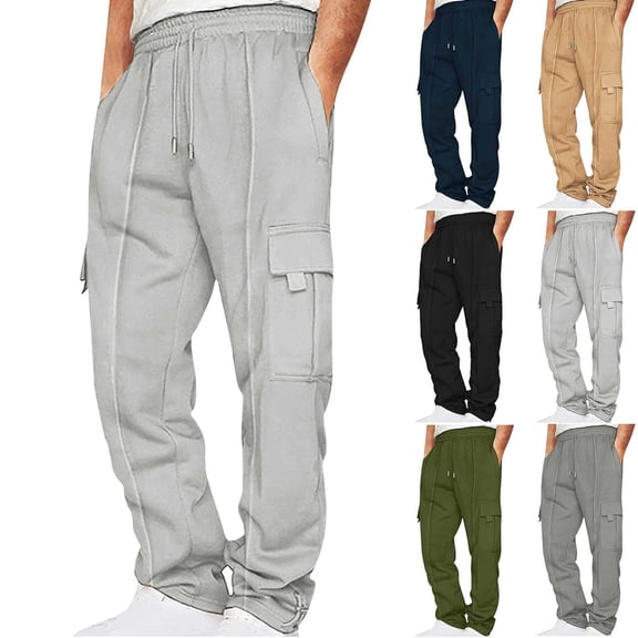 Men's Elastic Waist Cargo Sweatpants,Drawstring Multi-Pocket Straight Leg Pants,Loose Fit Casual Streetwear Trousers for Daily Home Loungewear