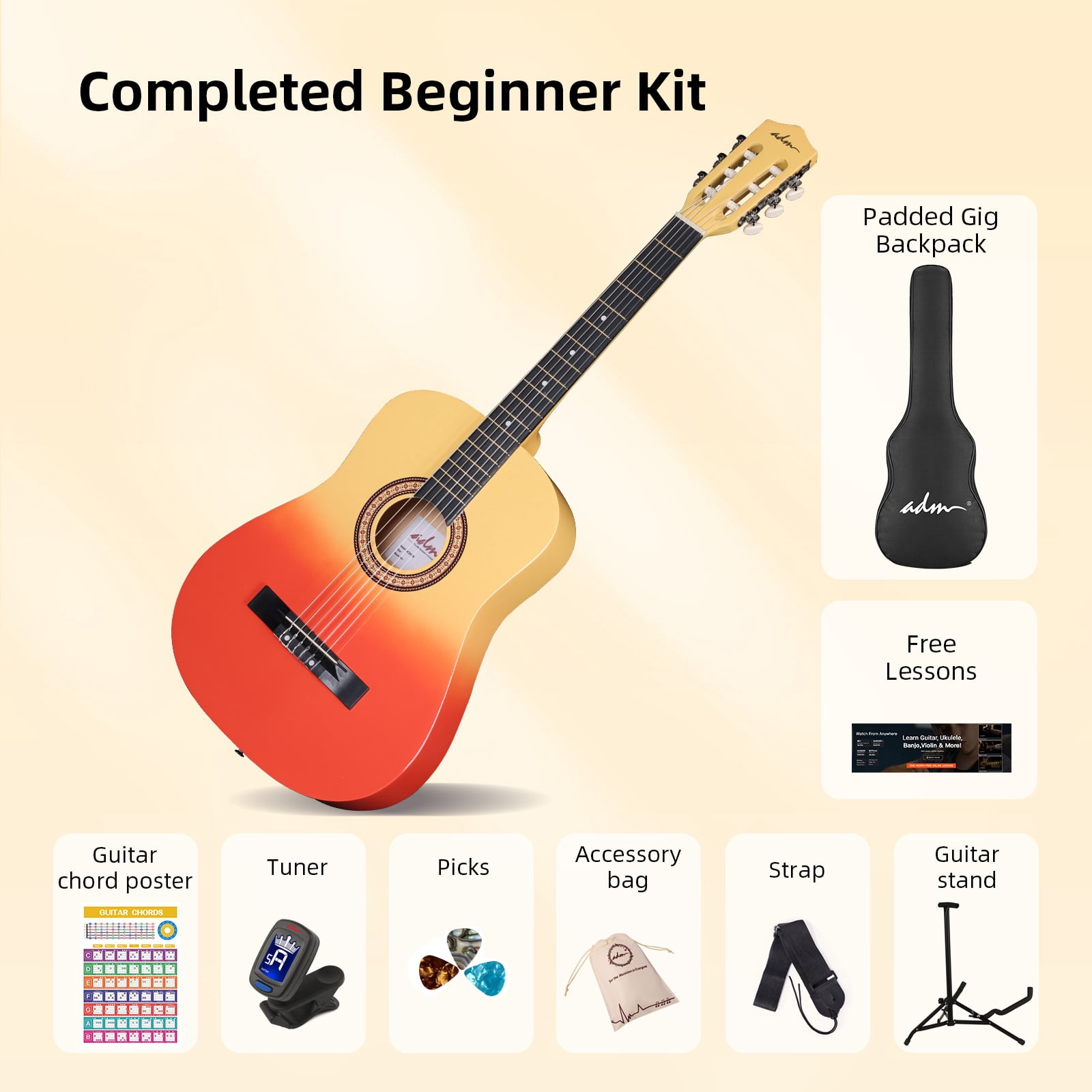 ADM Acoustic Guitar for Adults & Kids, 38" Travel Guitar Kit (Sunburst)