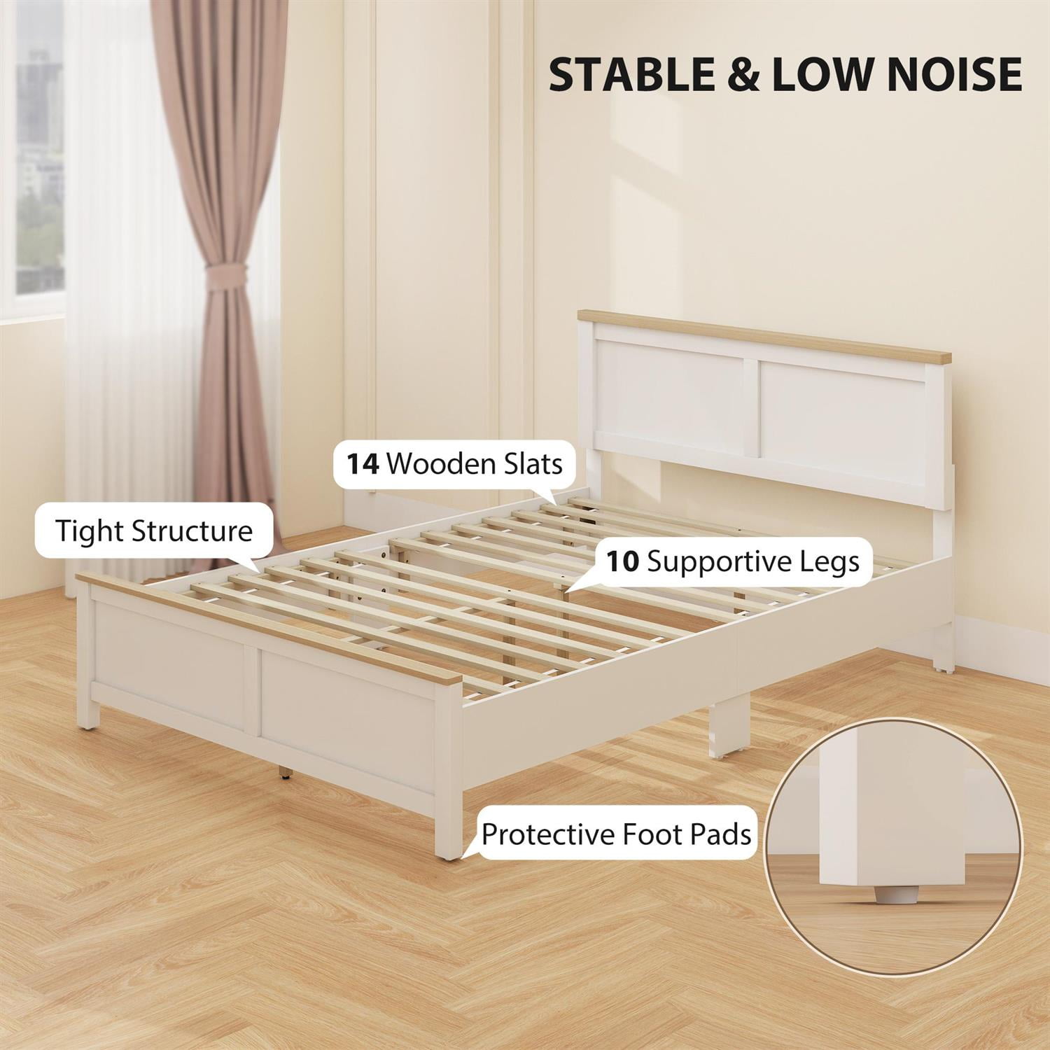 Demi Bonn Modern Full Bedframe with Headboard, WoodSlat Design NoBoxSpringRequired, EasyAssembly Bed for Bedrooms, White