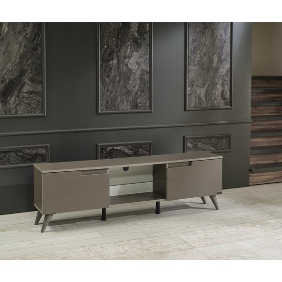 Mid Century Modern Tv Stand, 66 Inch With 2 Door Cabinets And 1 Glass Shelf In Brown Stand , & Shelf, Wood