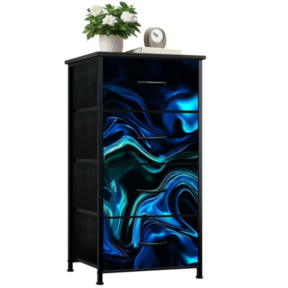 Boho Dresser for Bedroom with 4 Storage Drawers Marble Neon Blue Green Abstract Texture Black Multi Colored Paper Dressers Chest of Drawers Steel Framed Fabric Closet Organizers for Entryway
