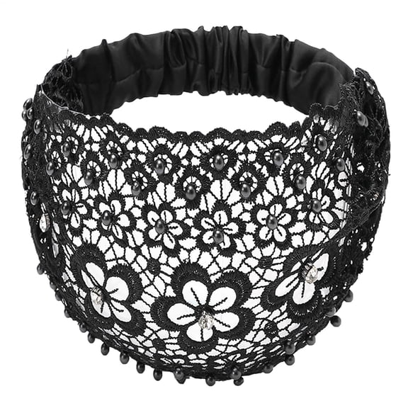 Boho-Chic Crystal & Pearl Embellished Wide Headbands, Wide Boho Pearl Headband for Wome,Floral Beaded Lace Elastic Mesh Hair Bands for Yoga Gym & Running,Suitable for Daily Wear and Weddings Holidays
