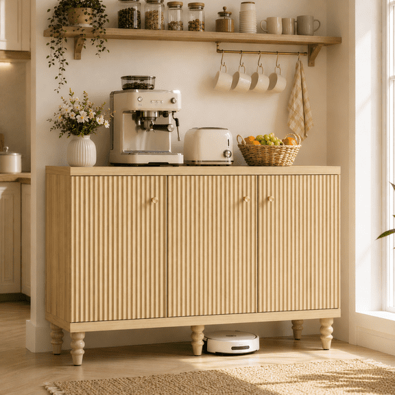 Bestier Buffet Cabinet with Storage,Modern Fluted Sideboard Cabinet with 3 Doors & Adjustable Shelves,Wooden Credenza Coffee Bar Cabinet for Dining Room Kitchen Living Room Entryway,Natural Oak