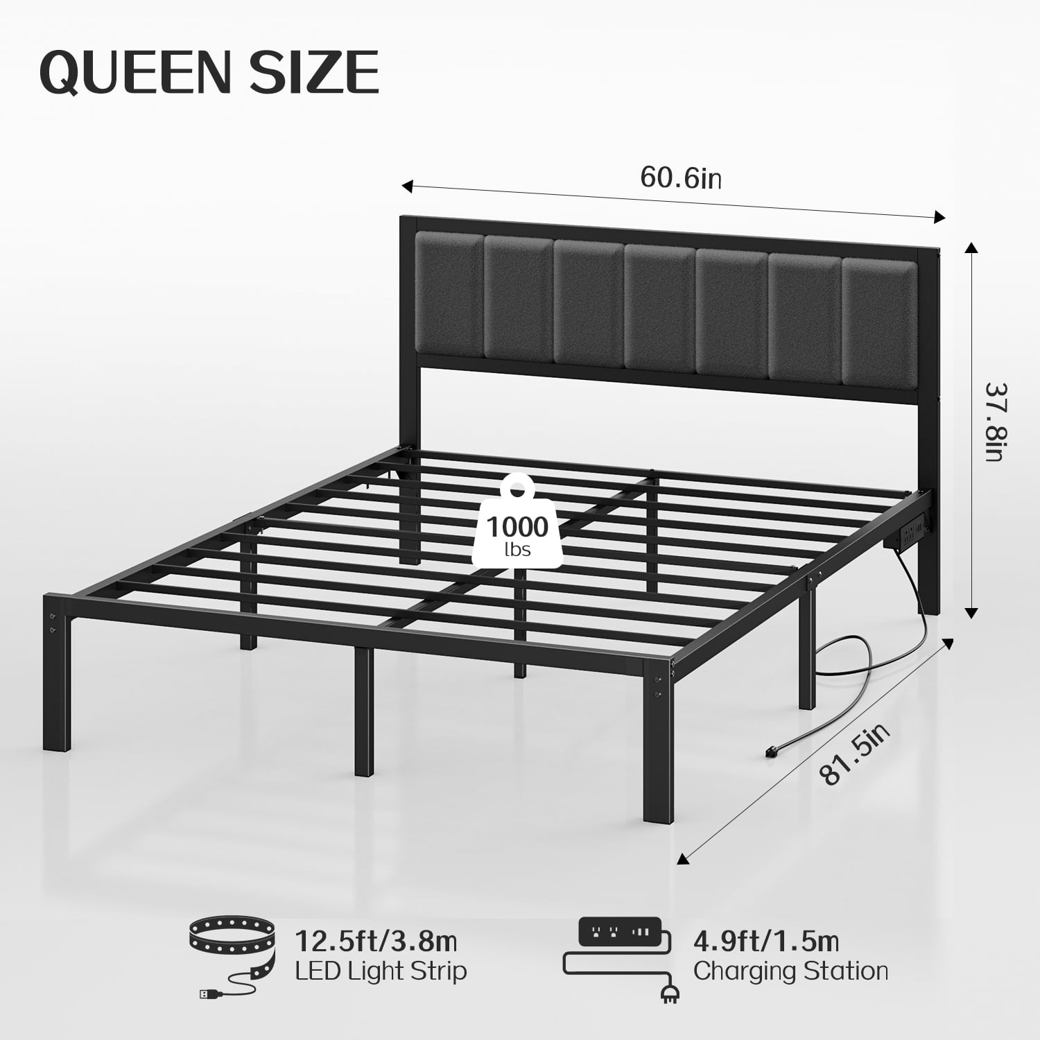 Kbun Queen Bed Frame with Headboard, Outlets and LED Lights, Heavy Duty Metal Platform with Storage Space Under Frame, No Box Spring Needed, Noise Free, Gray