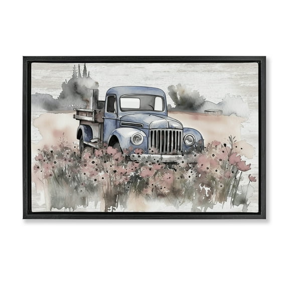 Stupell Industries Pickup in Floral Meadow Transportation Painting Black Floater Framed Canvas Art Print Wall Art, 25 x 17