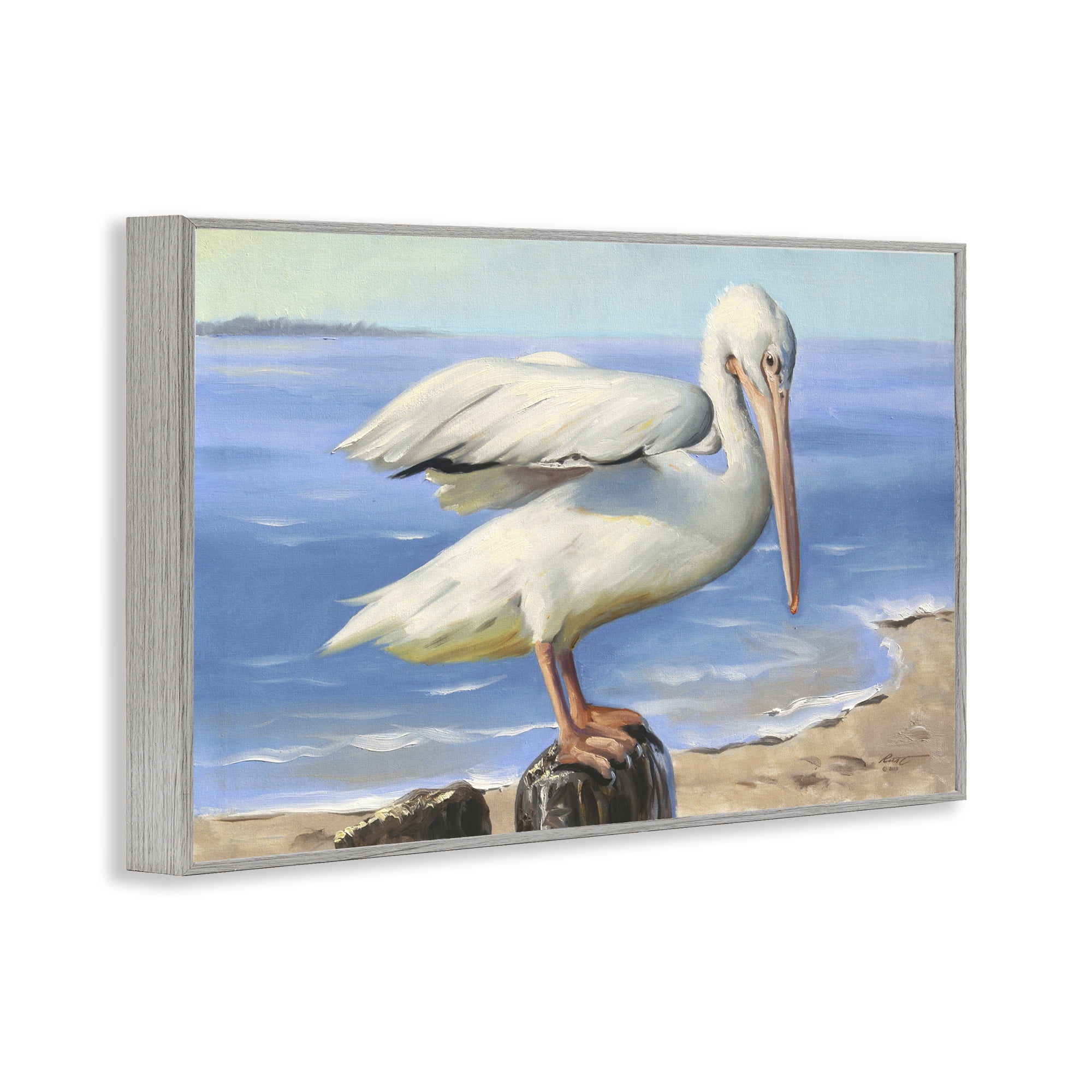 Stupell Industries Beach Scene Pelican Animals & Insects Painting Gray Framed Art Print Wall Art, 18 x 12