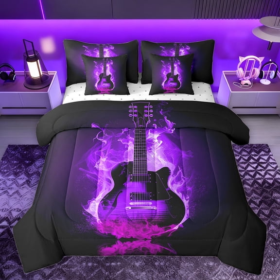 Homewish Music Guitar 7-Piece Twin Bedding Sets,Musical Instrument Bedding Comforter Set,Black Purple Sheet Sets For Girl Boy,Super Cozy Room Decor