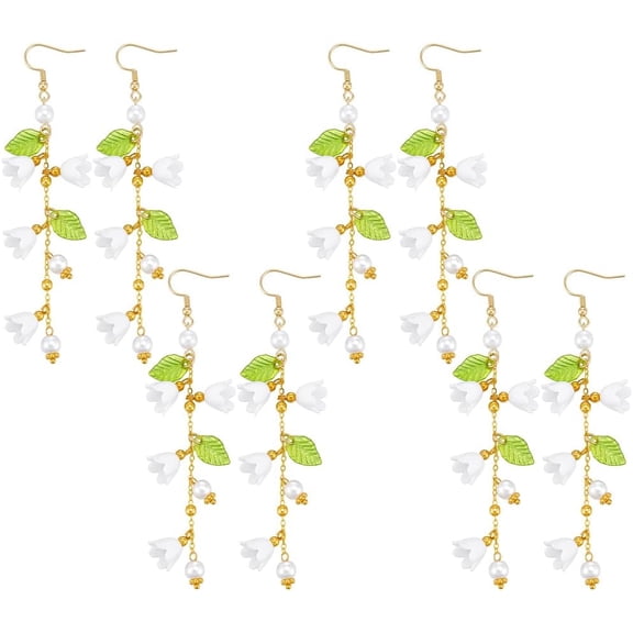 1set 4 Pairs Dangle Flower Leaf Earring White Fairy Flower Earrings for Women Stainless Steel Dangling Long Tassel Earrings Lily Of The Valley Earrings Floral Earrings Jewelry