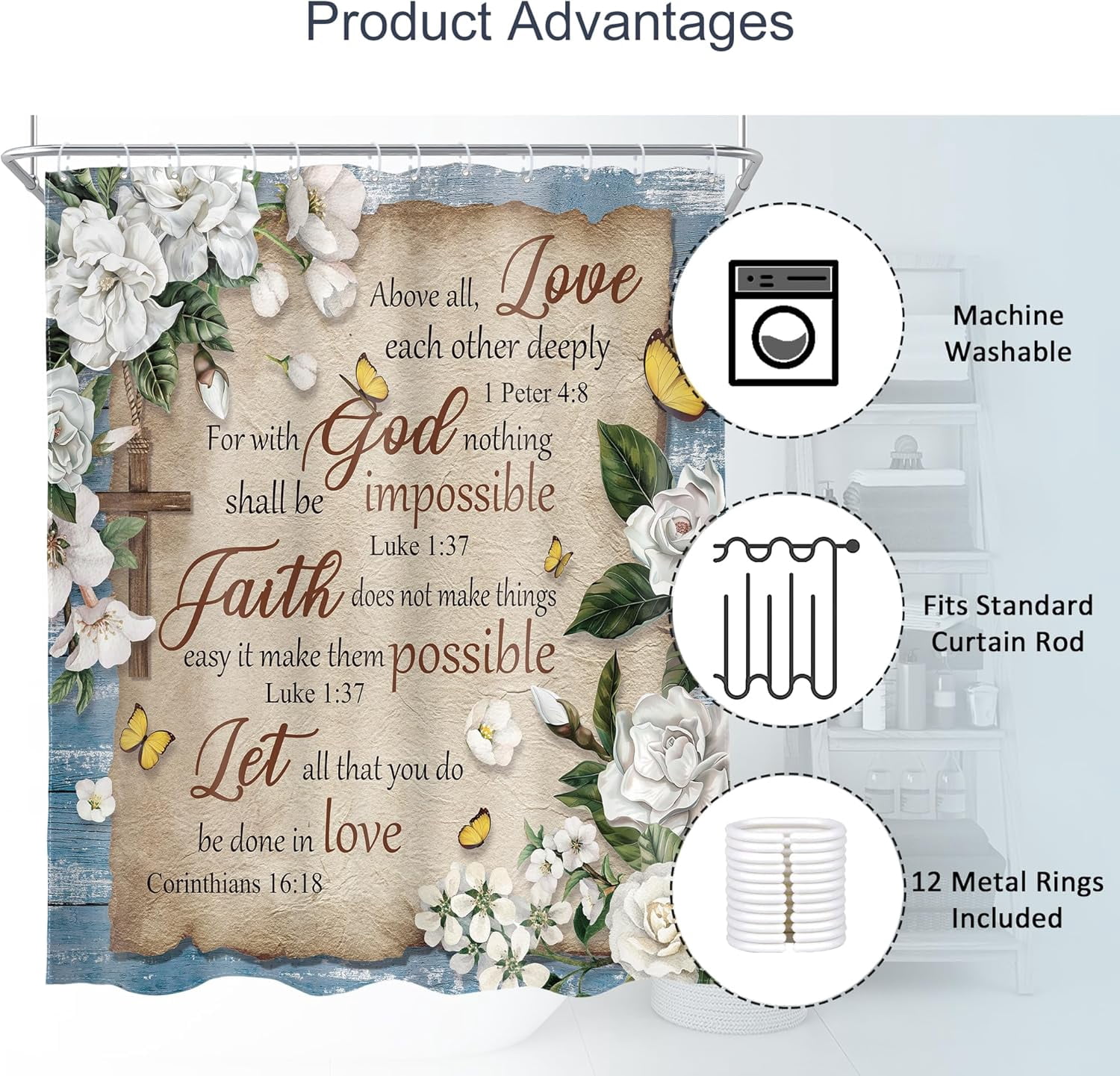 Bible Verse Floral Shower Curtain Christian Scriptures White Flower Inspirational Quote Rustic Plant Artwork Cloth Fabric Waterproof Polyester Bathroom Decor Set with Hooks-72"W x 78"L (Pack of 1)