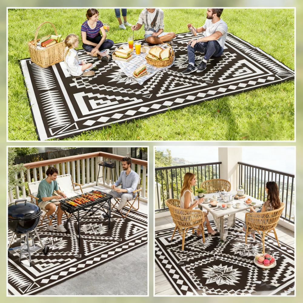 Reversible Outdoor Rug Waterproof Plastic Straw Patio Rug with Carry Bag, Foldable Outdoor Area Rug for Camping Picnic RV Road Tours Garden Balcony Deck, Black and White Square Patchwork