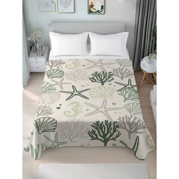 Green Coastal Full Size Flat Sheet, Wrinkleproof & Fadeproof Cooling Flat Bed Sheet Only, Ocean Coral Starfish Seahorse Farmhouse Breathable Soft Bedding Top Sheets 81 x 96 Inches