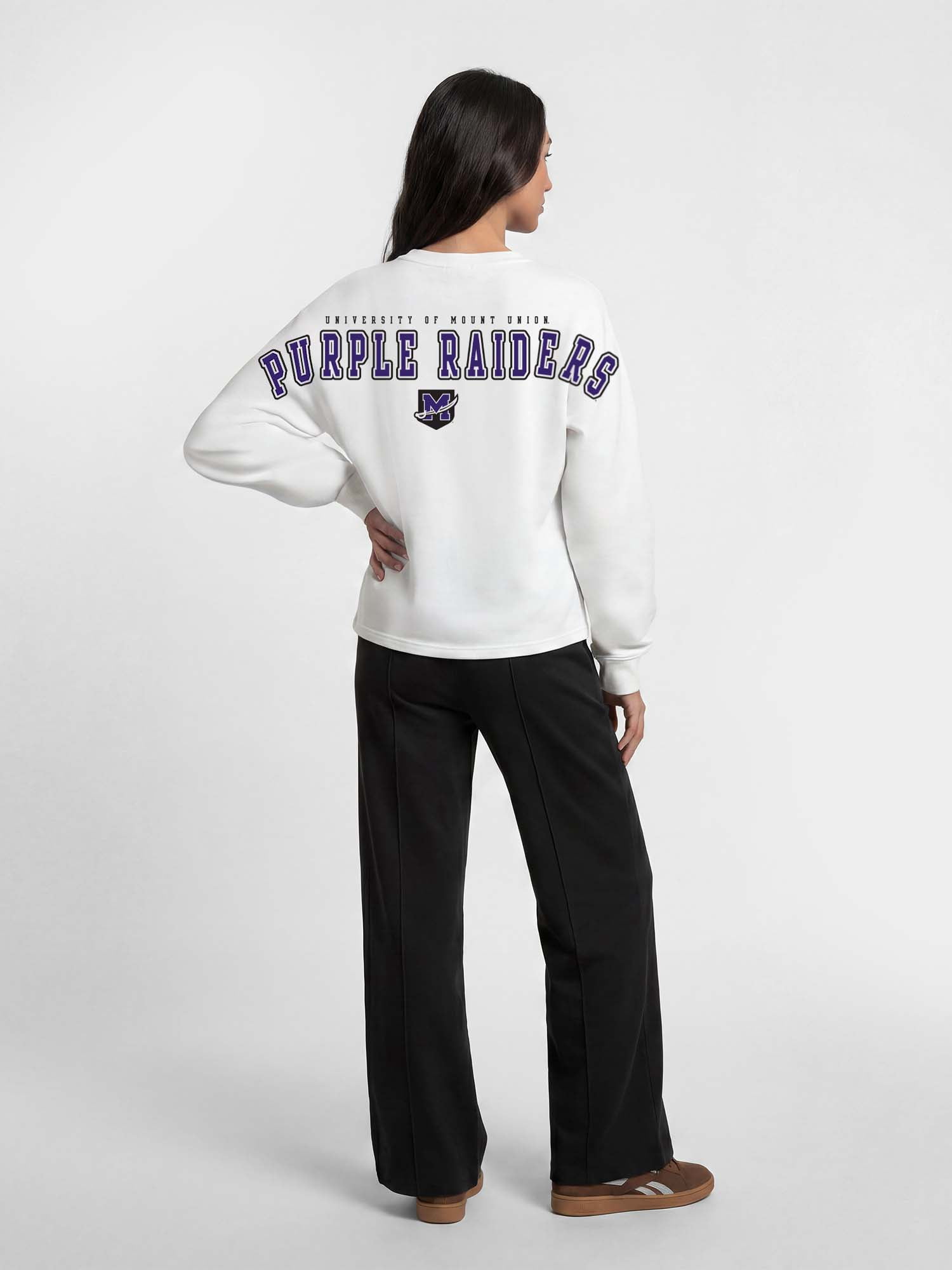 Mount Union Purple Raiders Reebok Womens White Heavyweight Cotton Long Sleeve Pullover