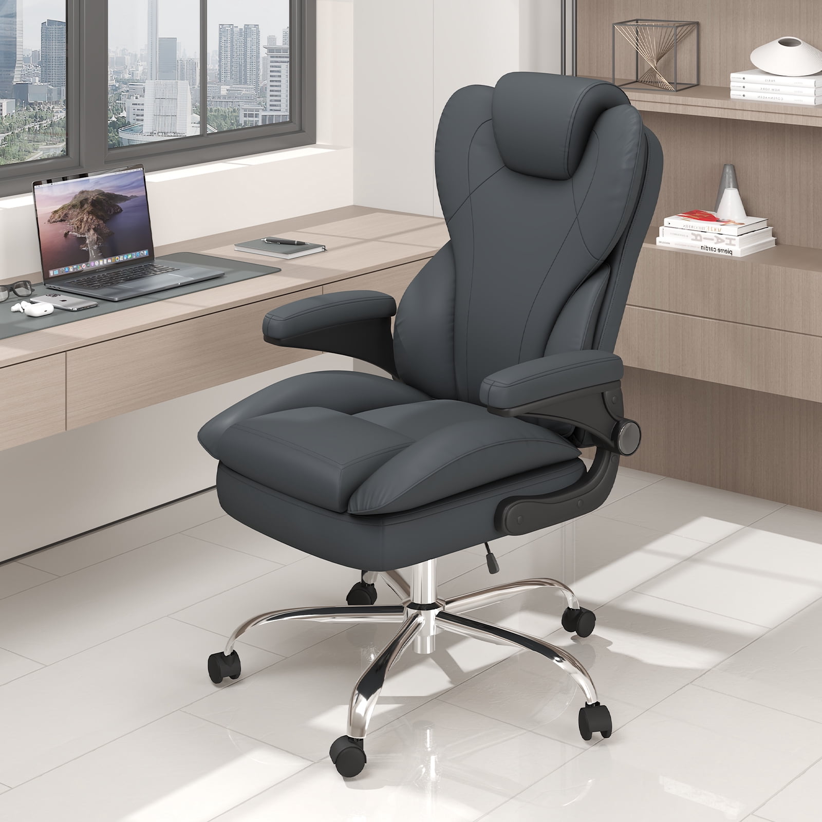 E-motie Home Office Chair with Flip-up Arms, Adjustable High Back Chair, Quiet Nylon Wheels, Grey