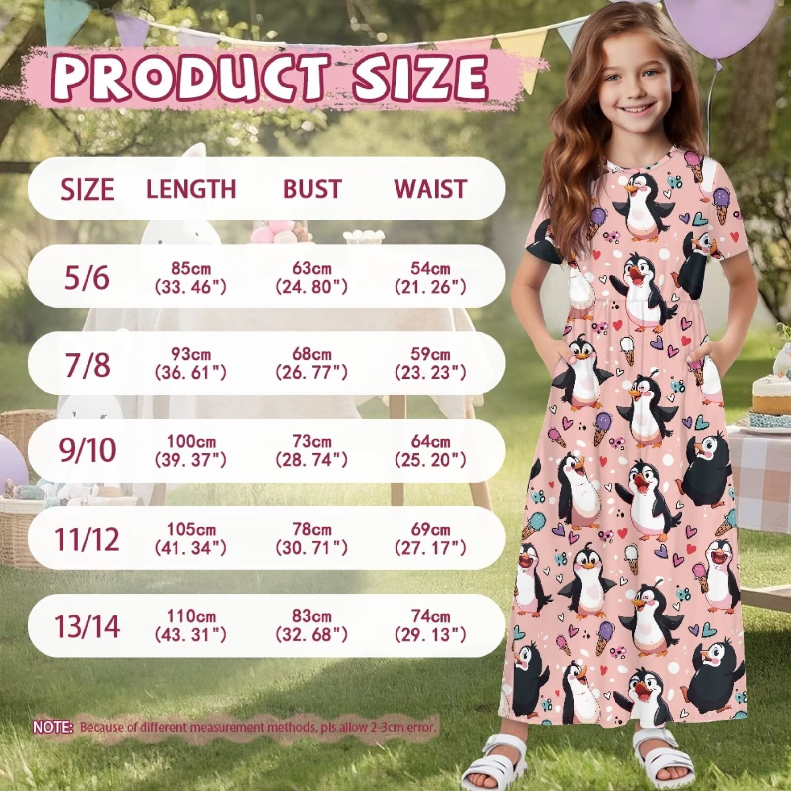 Uourmeti Girls Summer Maxi Dress Cartoon Penguin Print Short Sleeve Crew Neck Casual Loose Flowy Tiered Dresses with Pockets, Size 9-10 Years