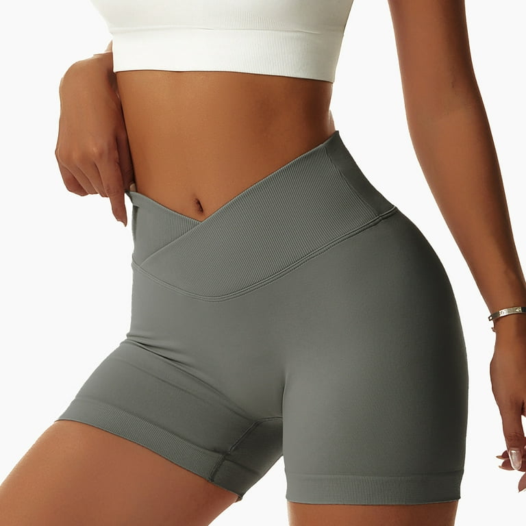 Cross Waist Yoga Shorts for Women High Waisted Tummy Control Booty Workout  Running Ribbed Solid Color Bike Shorts Casual Butt Lifting Compression Gym