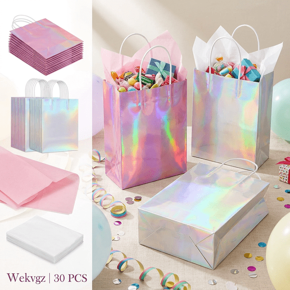 Iridescent Party Favor Bags 30pcs (8.5x6.3x3.1 In), Holographic Goodie Gift Bags with White Tissue Paper for Birthday, Wedding & Graduation