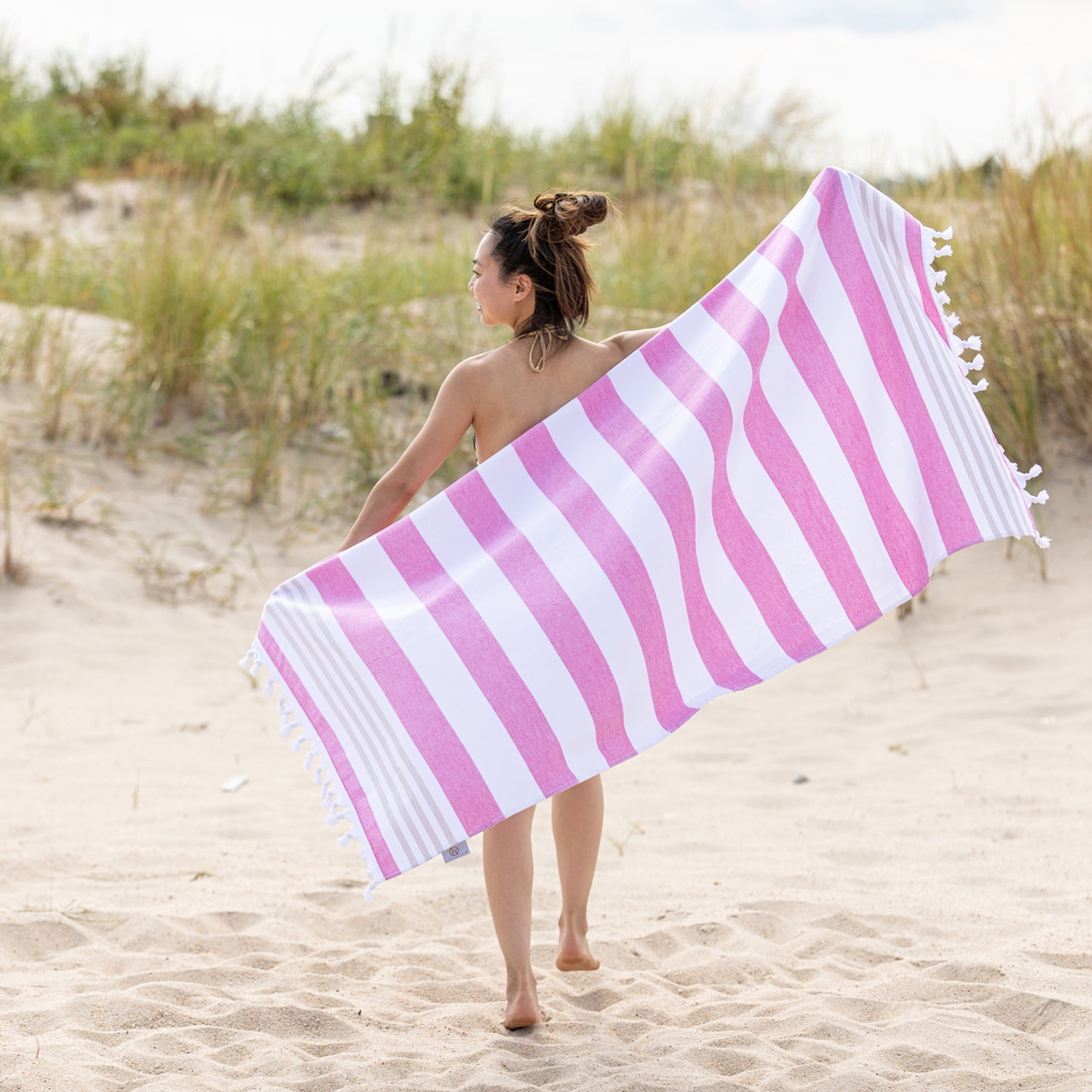 Superior Summery Stripe Fouta Cotton Beach Towel with Fringe, 35" x 68"